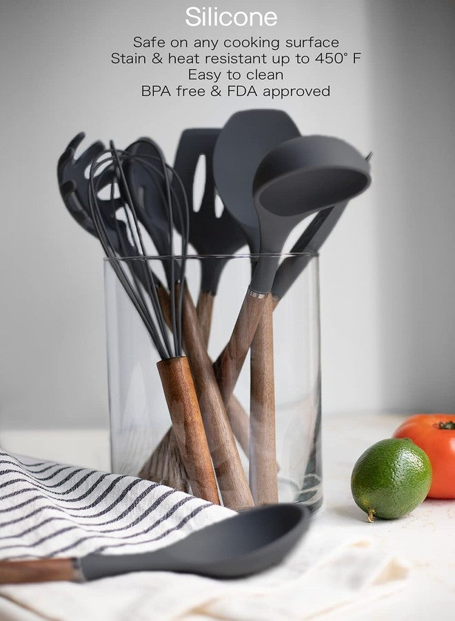 Country Kitchen Non Stick Silicone Utensil Set with Rounded Wood Handles for Cooking and Baking, 8 Piece Set, Black - Image 3